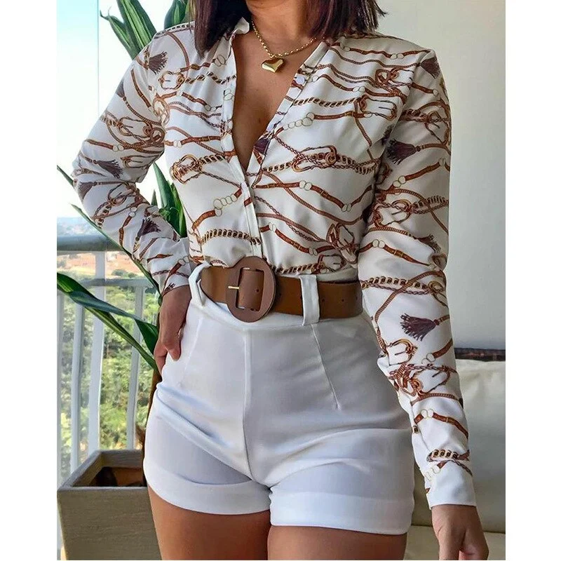 CM.YAYA Beach Holiday Women's Tracksuit Floral Leaf Long Sleeve Shirt and Shorts Matching Two 2 Piece Set Outftis Sweatsuit