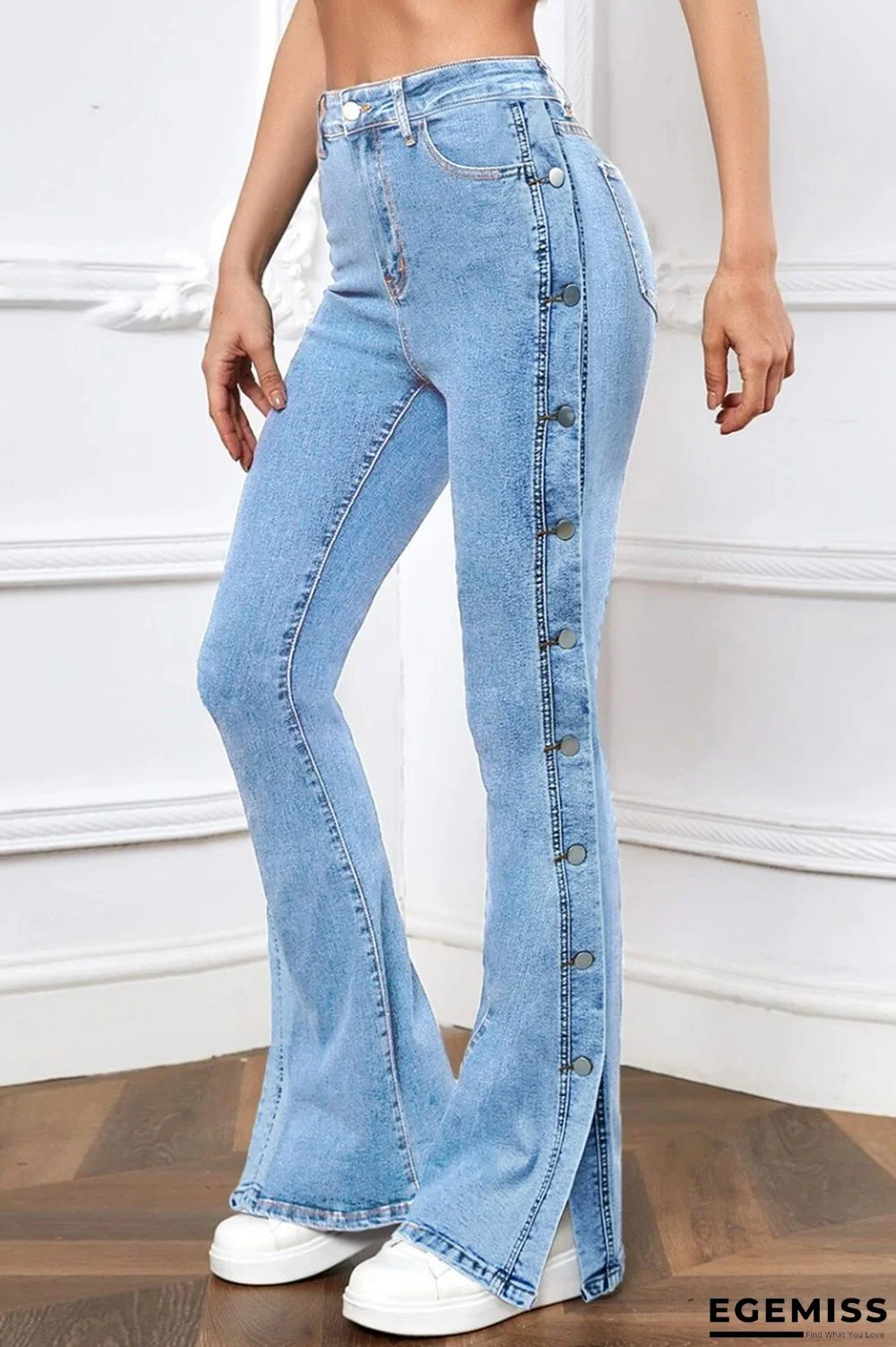 Light Blue Casual Solid Patchwork Mid Waist Regular Denim Jeans | EGEMISS
