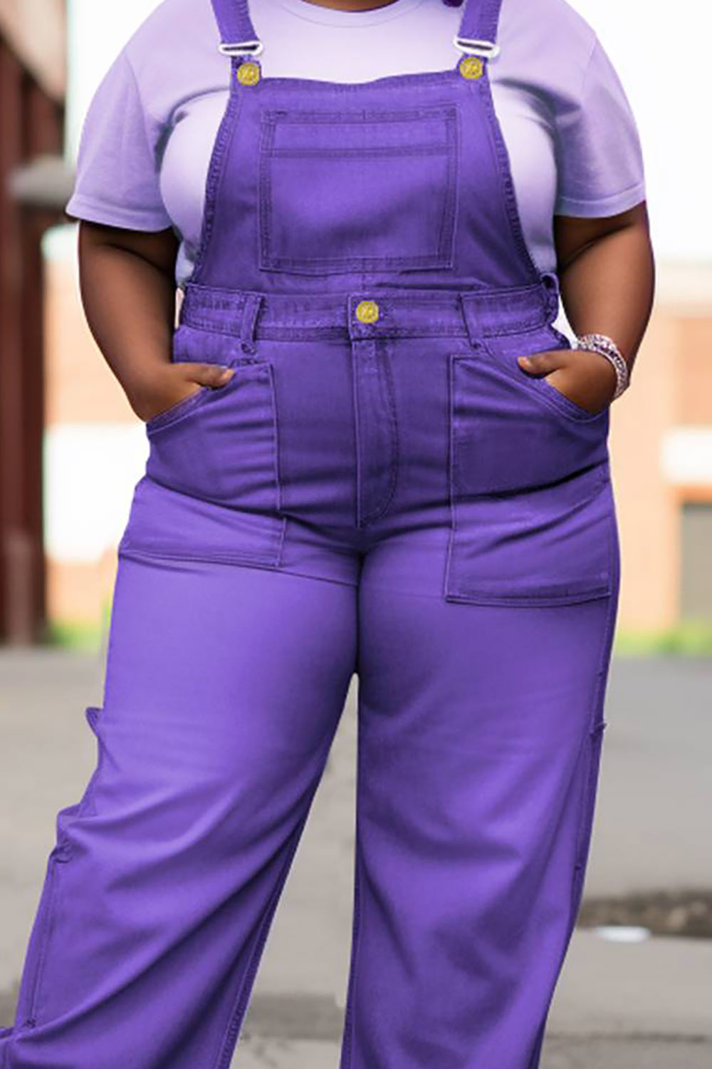Design Plus Size Daily Purple Pocket Button Overall Denim Jumpsuits [Pre-Order]