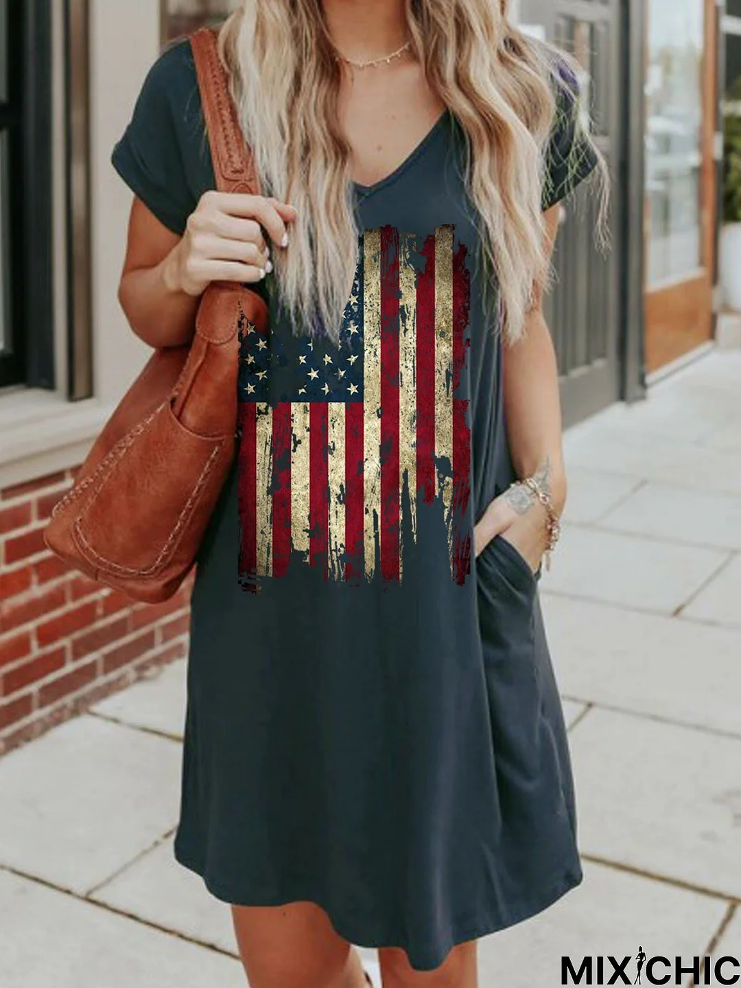 Short Sleeve Casual Flag Floral-Print Knitting Dress