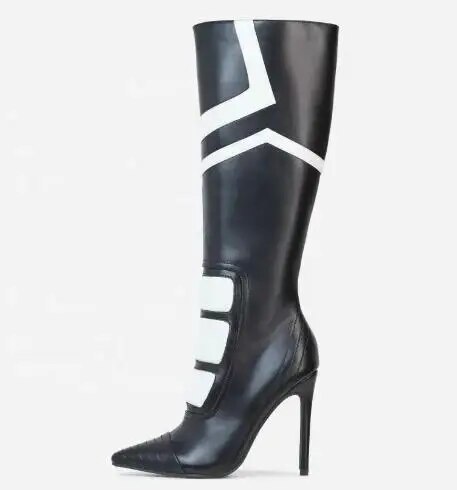 VCSHOES Women White Black Patchwork Leather Pointed Toe Zipper Side Thin Heels Knee High Boots Female Run Way Long Botas