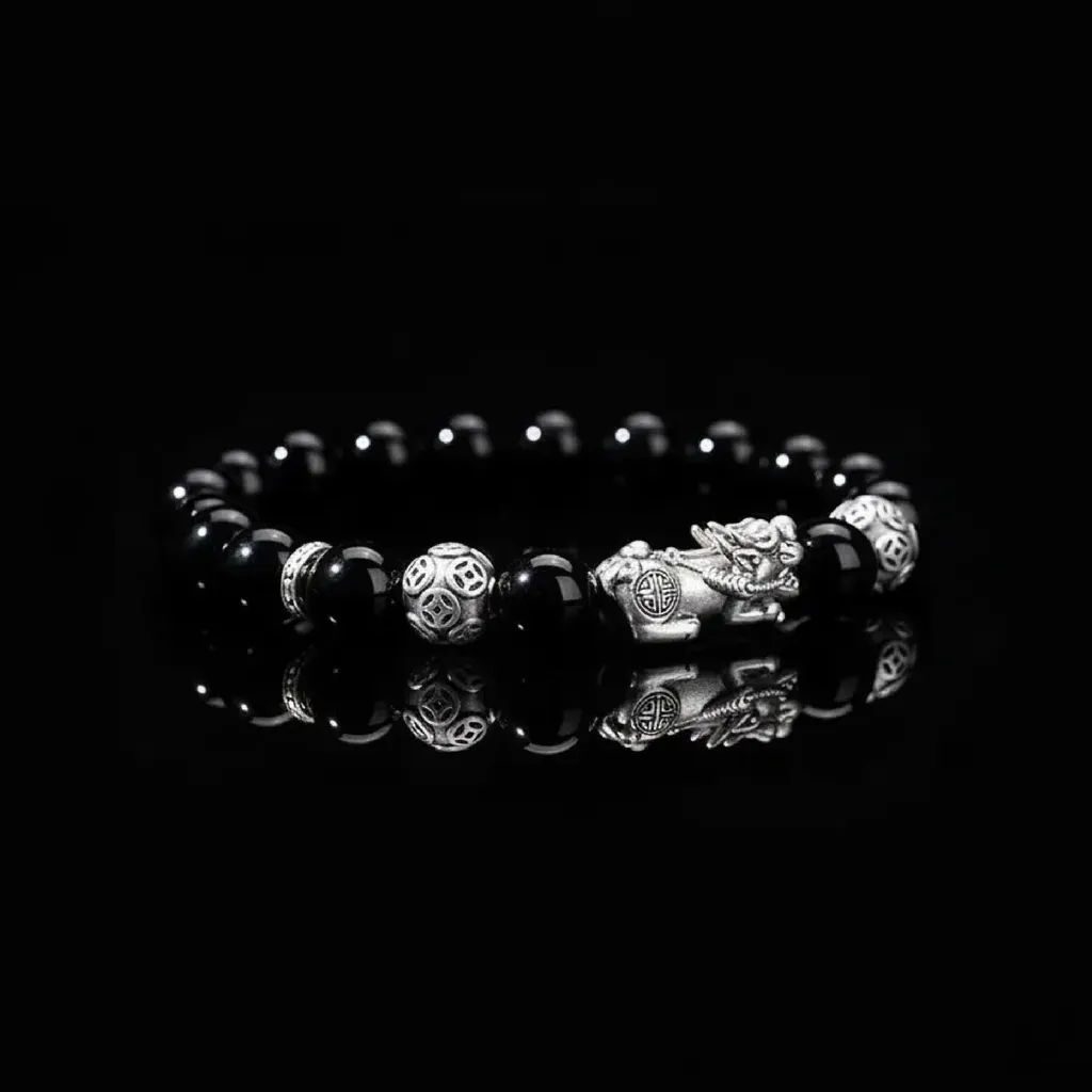 The Sovereign | 999 Pure Silver Pixiu & Natural Black Obsidian Bracelet