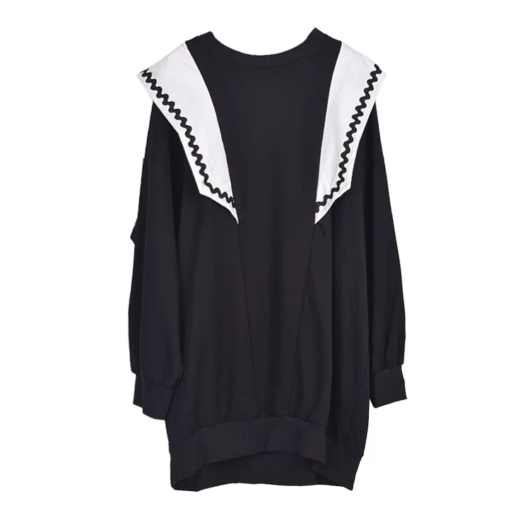 Stylish Loose Sailor Collar Patchwork Long Sleeve Hoodie Dress      