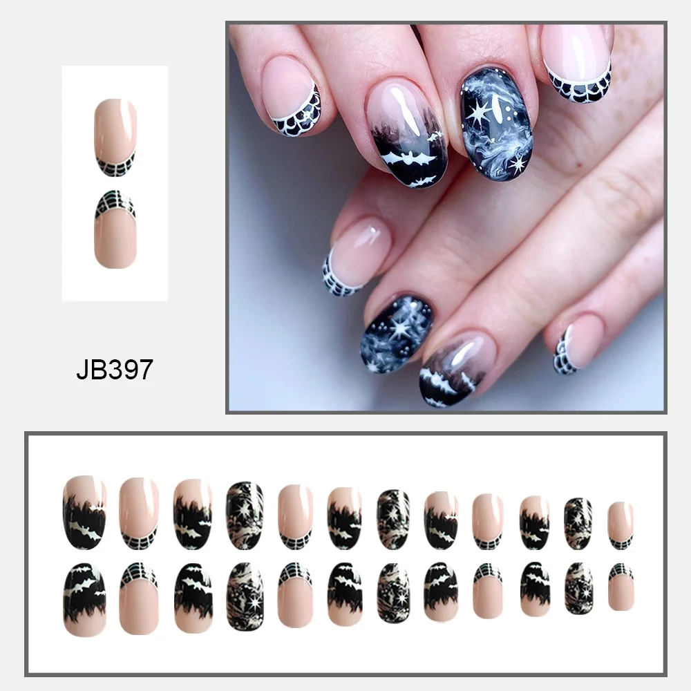 Churchf Churchf Short Round Nail French Cow Pattern Bat Halloween Element Fake Nail Finished Wear Nail Holiday Nail