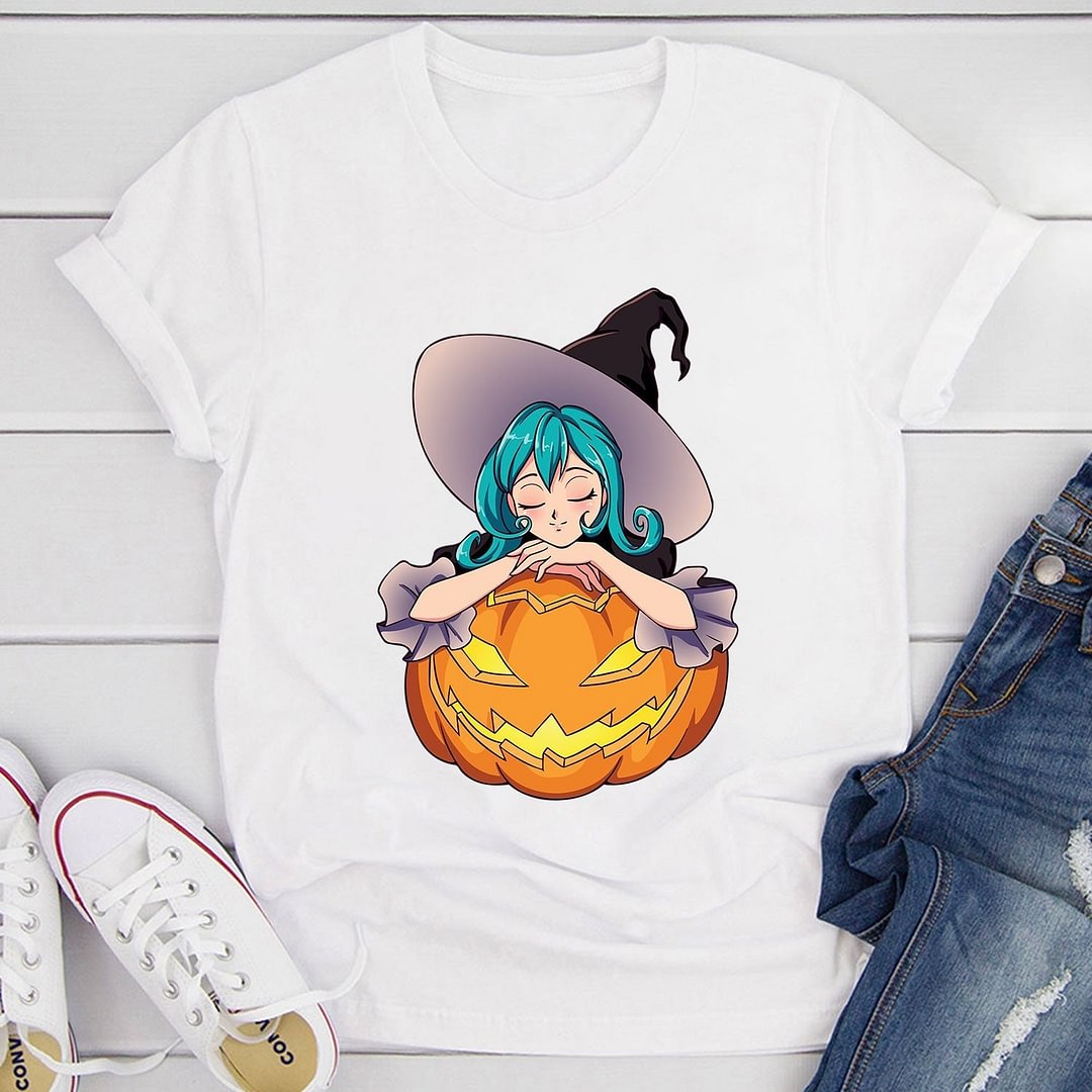 Halloween Cute Anime Witch Pumpkin Women T-shirt