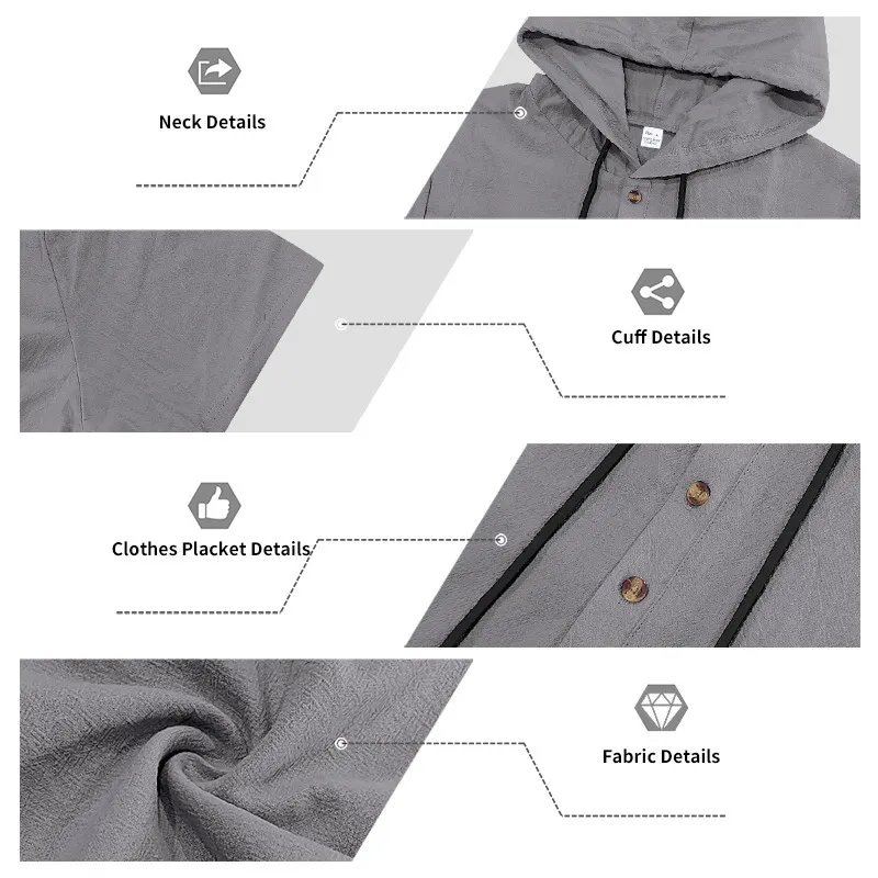Men’s Summer Short Sleeve Shirt Set Lightweight Premium Linen Hooded Shirt & Loose Straight-Leg Pants Set