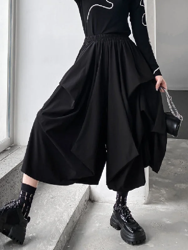 Fashion Black Elastic Waist Irregularity Wide Leg Cropped Pants