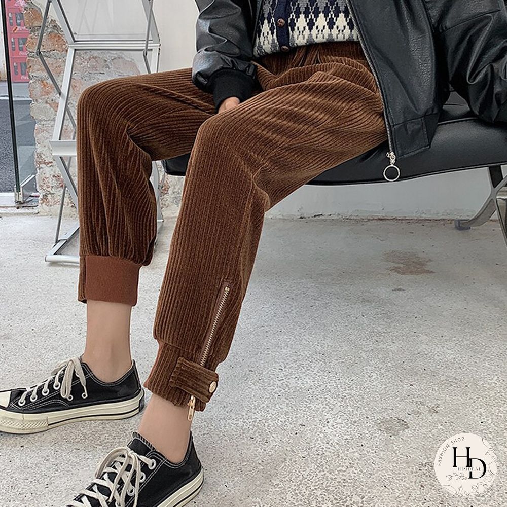 Winter Corduroy Pants Women Korean Fashion Zipper Elastic High Waist Pencil Pant Causal Loose Baggy Trousers Streetwear Mujer