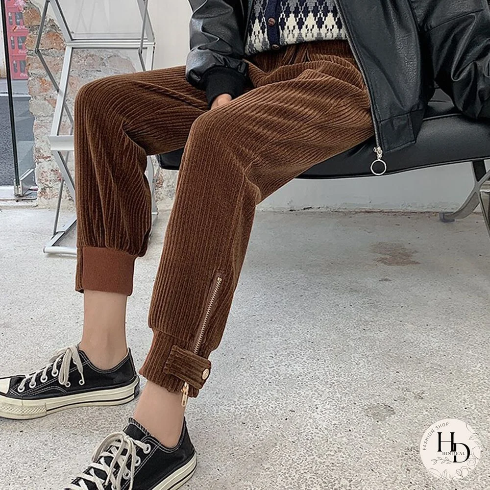 Winter Corduroy Pants Women Korean Fashion Zipper Elastic High Waist Pencil Pant Causal Loose Baggy Trousers Streetwear Mujer