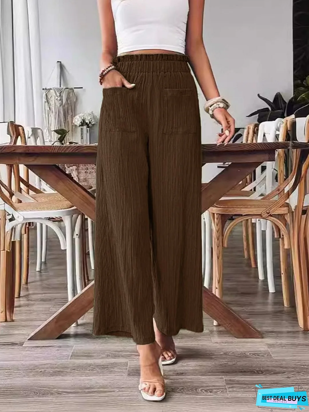 Pocketed Elastic Waist Wide Leg Pants
