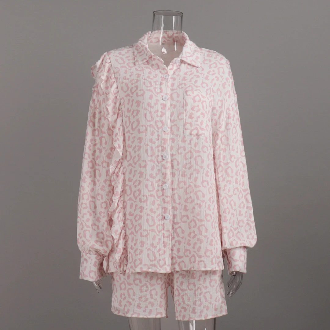 Churchf Churchf Set Heart-Shaped Print Stitching Wood Ear Long Sleeve Shirt Shorts Set Pure Cotton Set