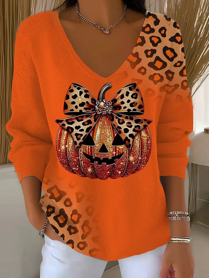 Women's Casual Autumn Pumpkin Striped Long Sleeve T-shirt 