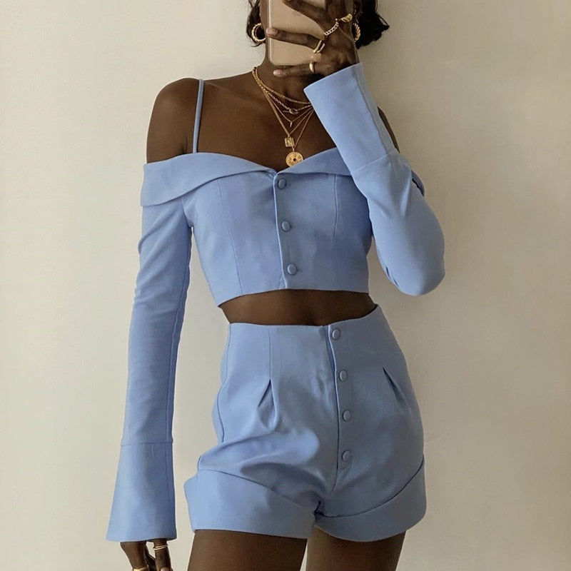 Style Strapless Long-sleeved 2023 Autumn One-line Neck Suspender Top + High-waist Single-breasted Shorts Female Two-piece Suit LANFUBEISI
