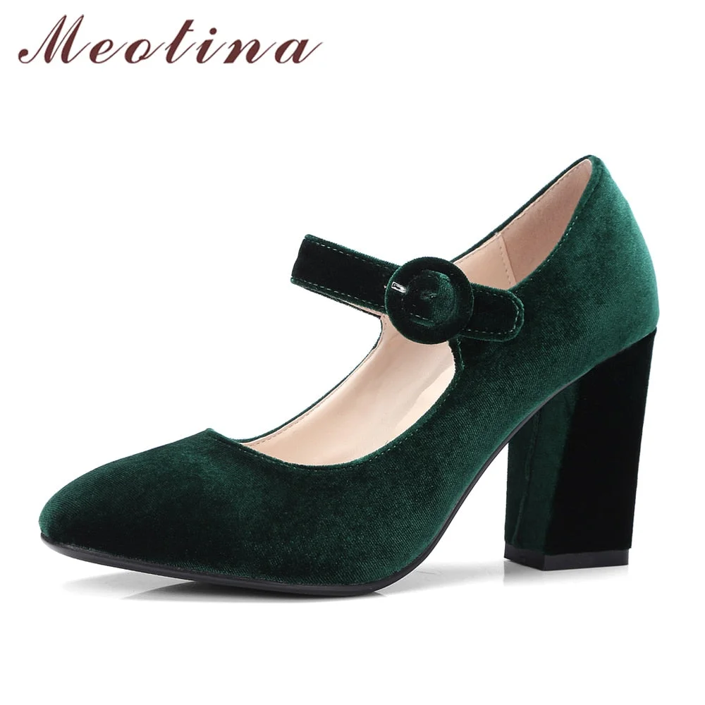 Meotina Velvet Shoes Women Pumps High Heels Ladies Mary Jane Shoes Buckle Black Thick Heels 2019 Fashion Footwear Big Size 34-43