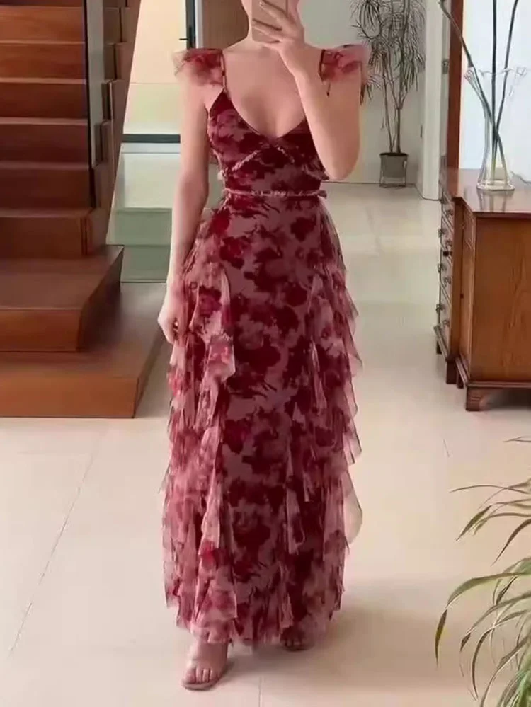 Elegant Floral Ruffle Strap Maxi Dress