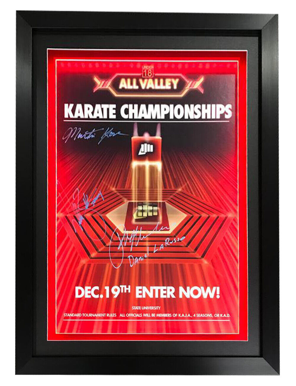 Framed LED Lit A2 Karate Kid Poster Signed by Macchio, Zabka & Kove + COA