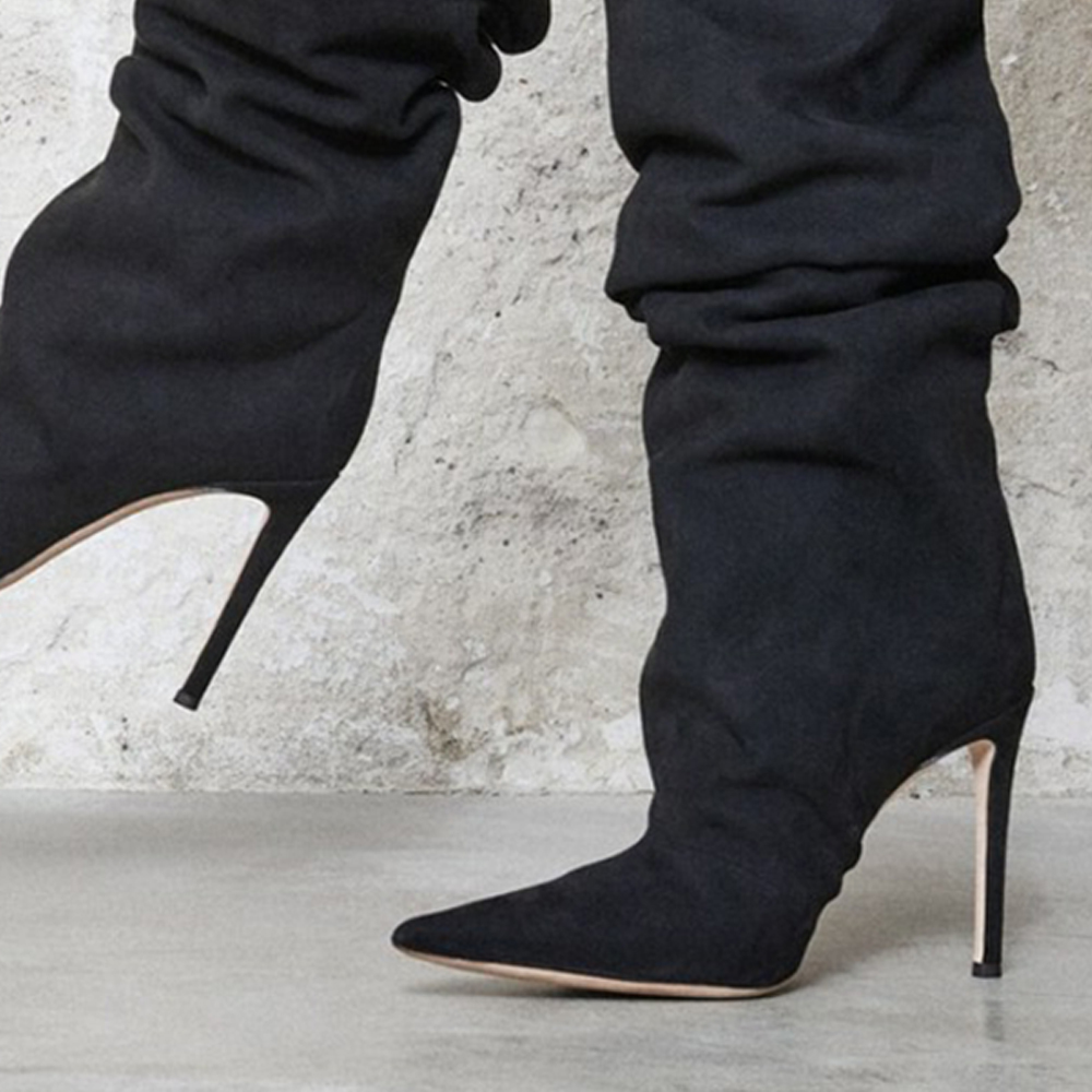 flat pointed knee high boots