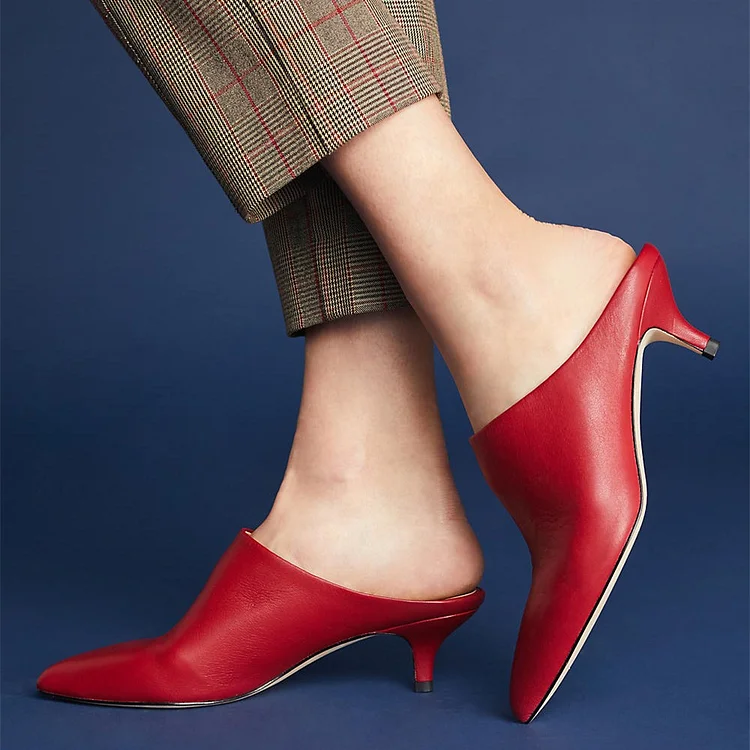 Women's Red Pointy Toe Kitten Heels Mules |FSJ Shoes