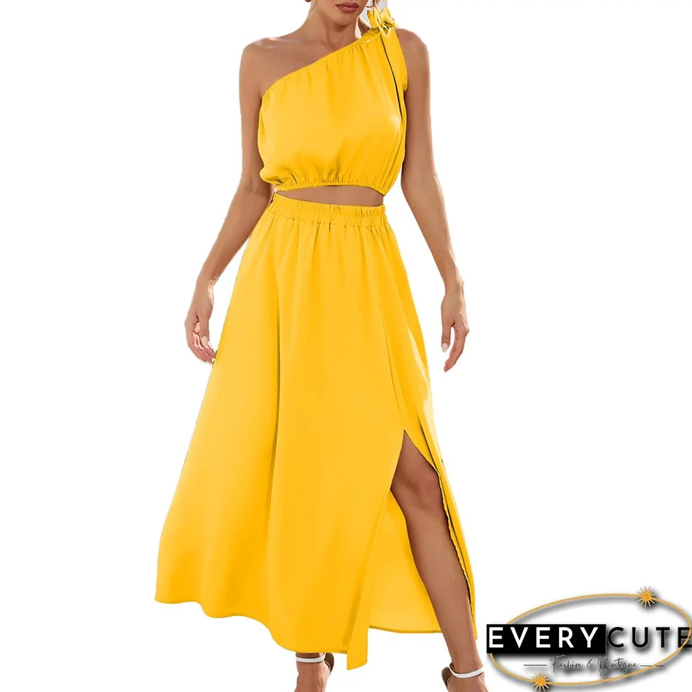 Yellow One-shoulder Crop with with Slit Maxi Skirt Set