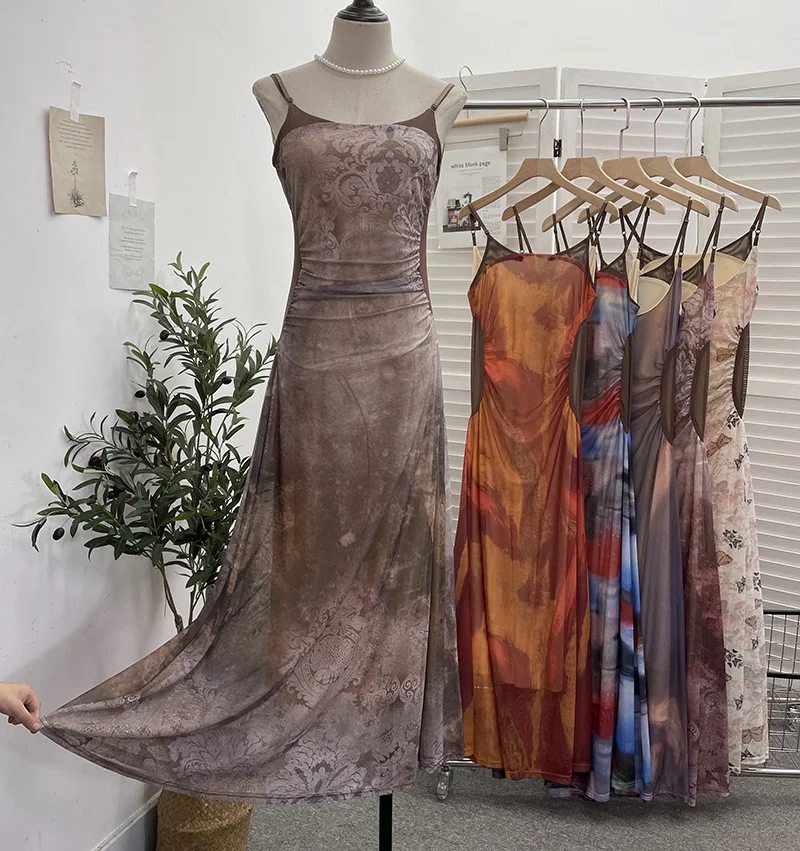 Uveng Sexy Tie-Dye Print Dress Waist Folded Folded Black Back Mesh Slings Long Skirt 888825