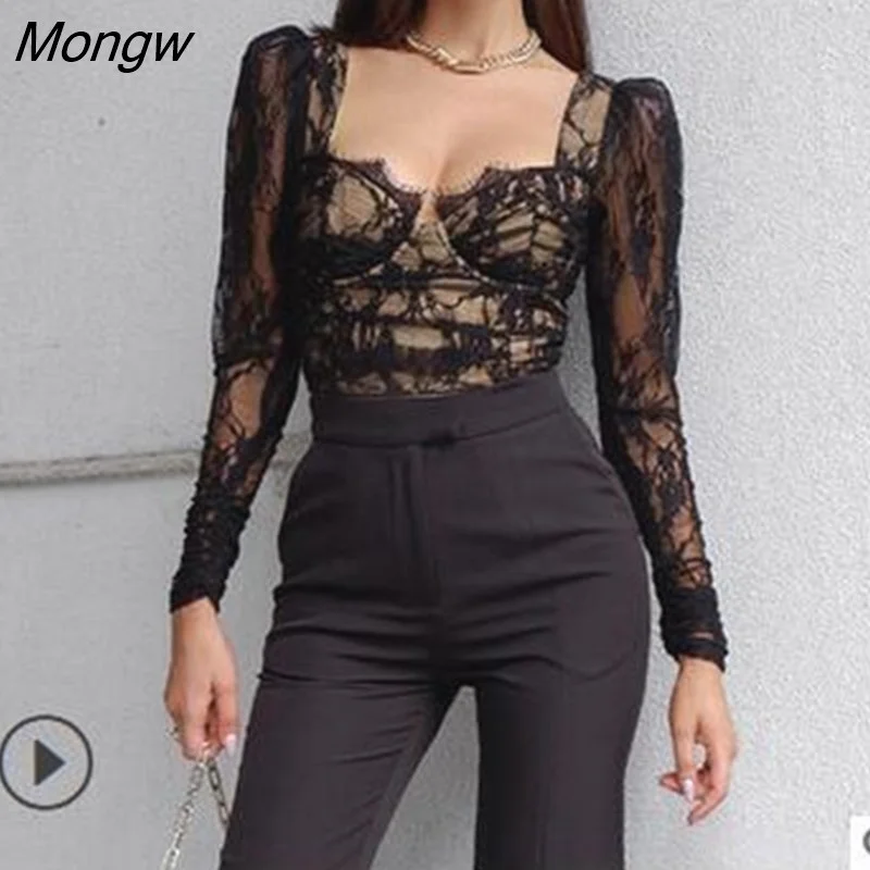 Mongw Women Sexy Hollow Out Slim Fit Lace Floral Long Sleeve V-Neck Casual Round Neck T-Shirt Black Tops