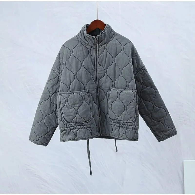 Breakj Old Pocket Checkered Cotton Jacket Female Casual Stand Collar Zipper Cotton-padded Thin Coat Female Restro Jackets