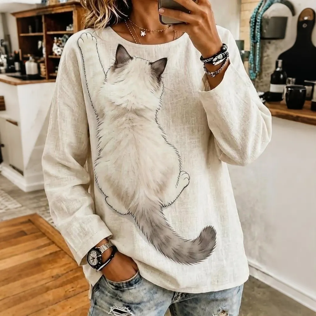 Comstylish Abstract Creative Realistic 3d Fluffy Back View Ragdoll Cat Clinging Cat Graphic Art Print Linen Blend Round Neck Long Sleeve Tops