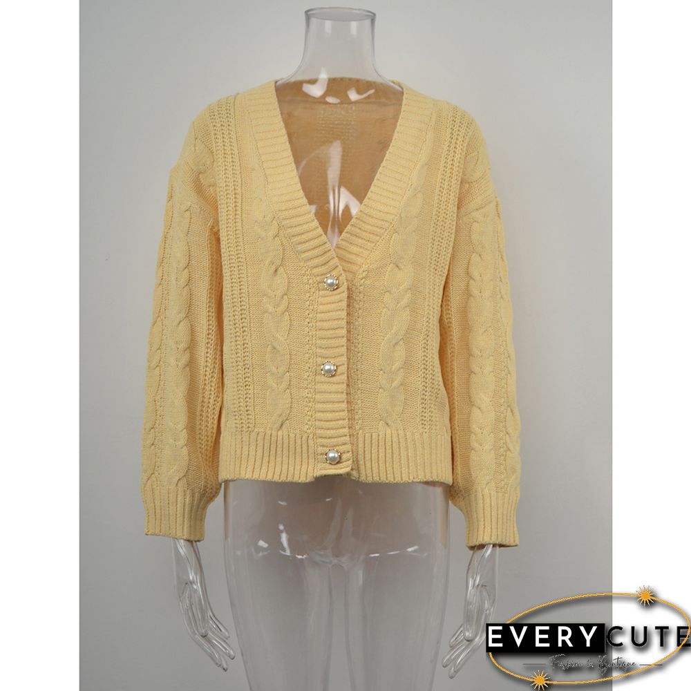 Solid Yellow Button Cable V Neck Cardigan