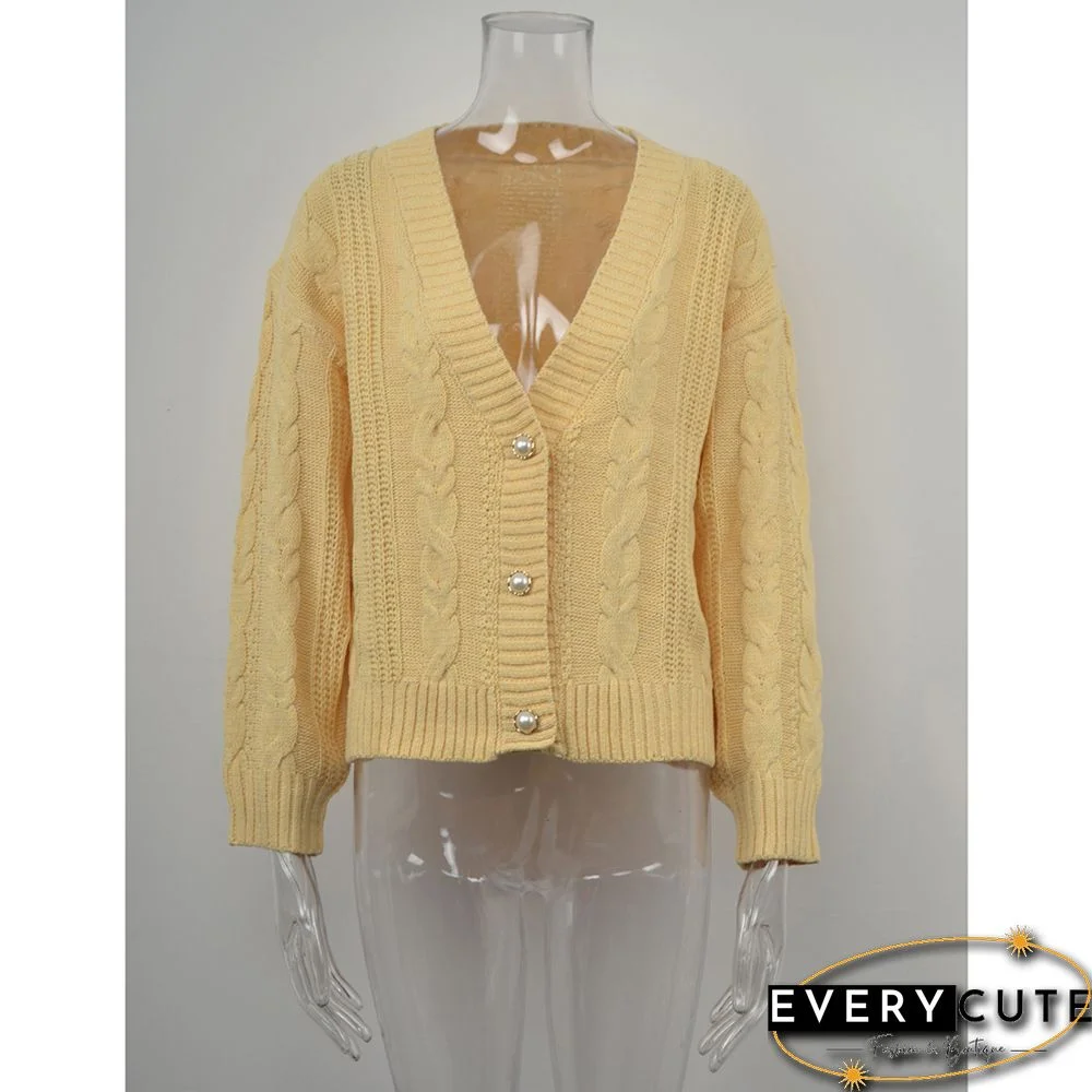 Solid Yellow Button Cable V Neck Cardigan