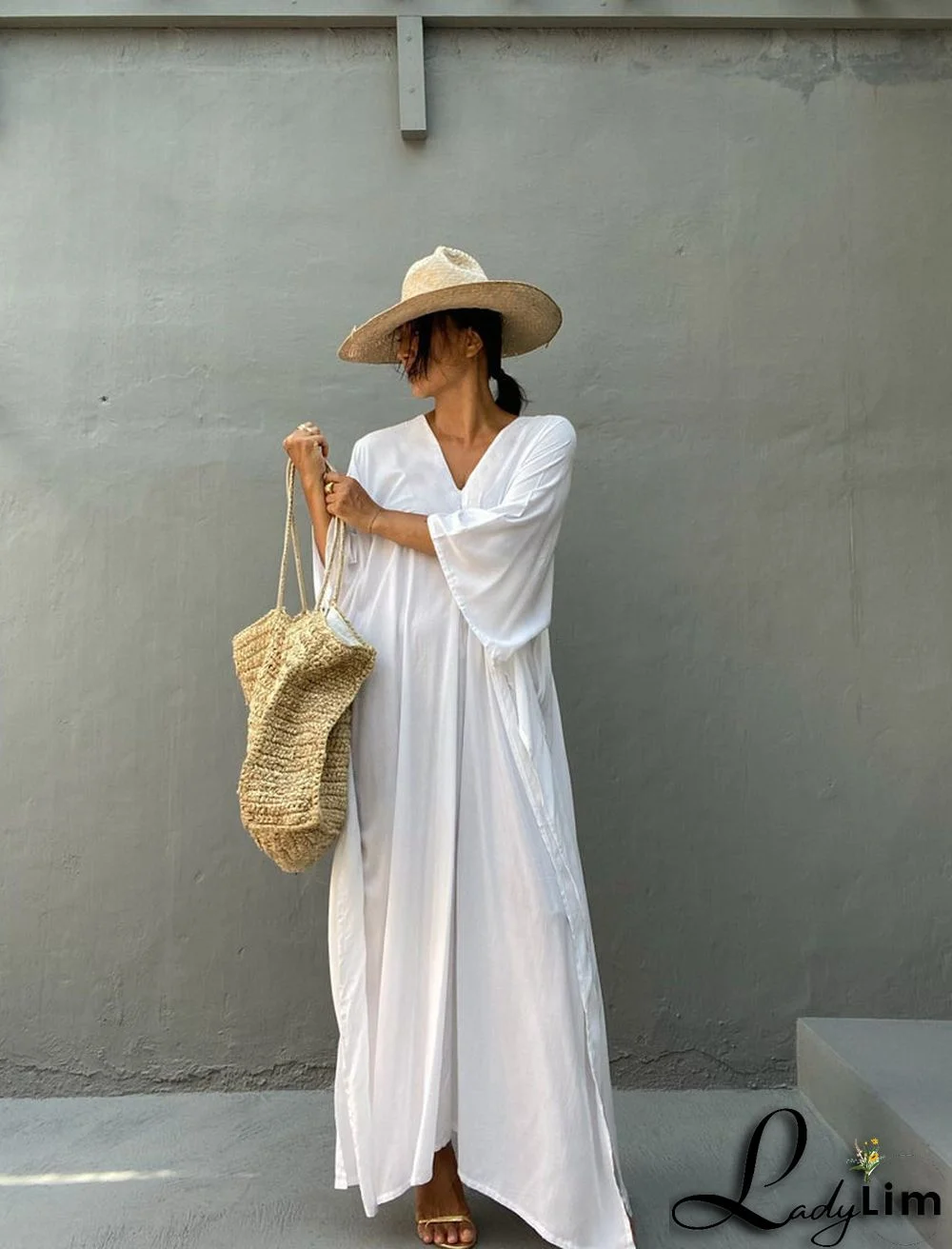 V Neck Solid Color Beach Cover Up