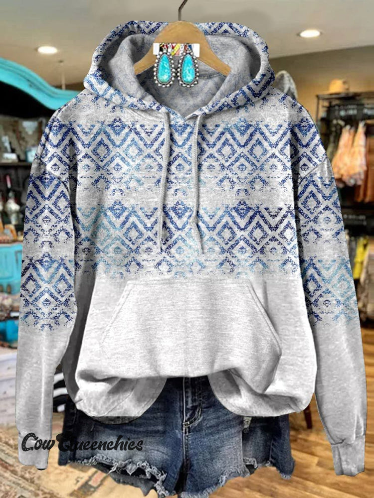 Blue Vintage Print Casual Hoodie Sweatshirt Multicolor / S