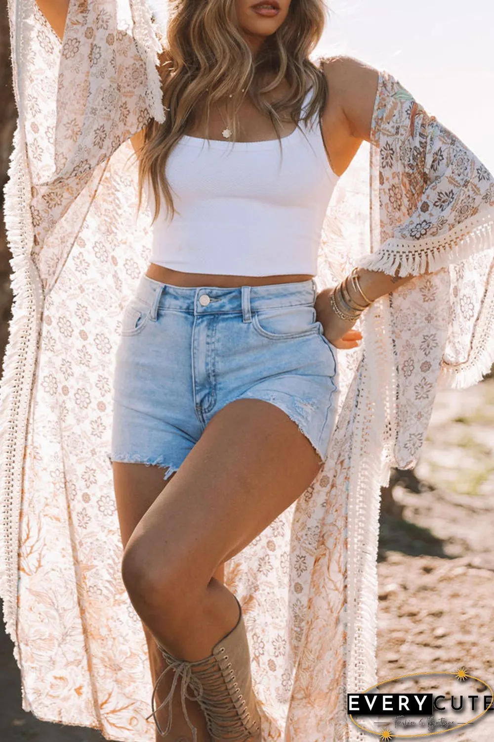 Beige Tassel Trim Split Sleeve Boho Print Kimono