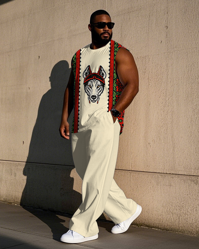 Men's Big Size Retro Geometric Pattern & Horse Printed Sporty Casual Vest and Pants Set