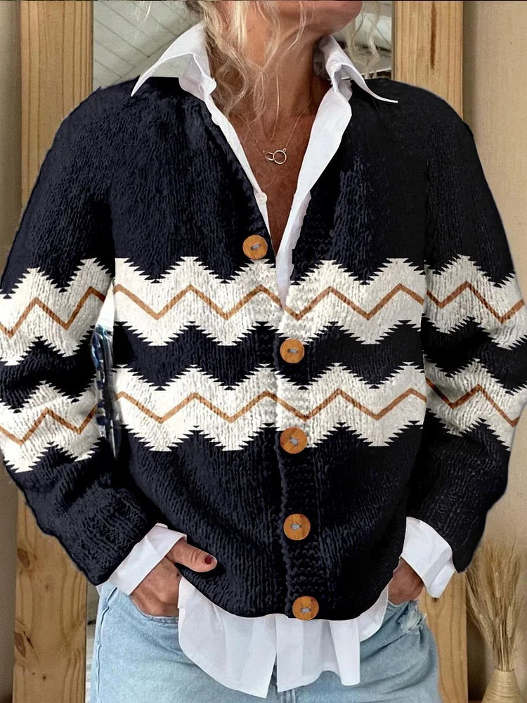 Aztecs Print Buttoned Cardigan Sweater
