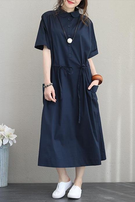 Women Summer Design Cotton Dresses Loose Solid Clothes Q1201