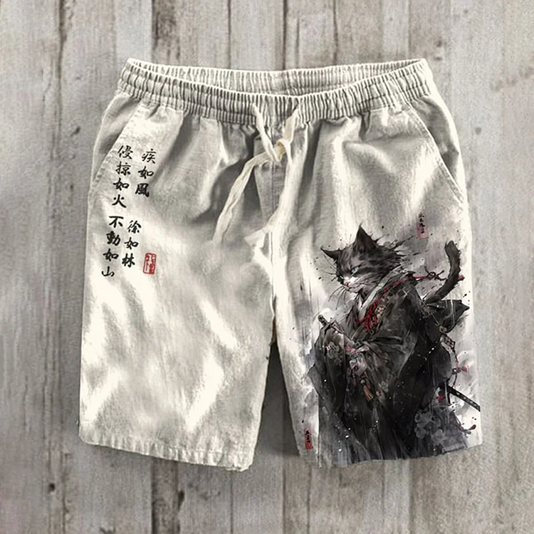 Comstylish Japanese Samurai Cat Ink Painting Art Linen Blend Shorts