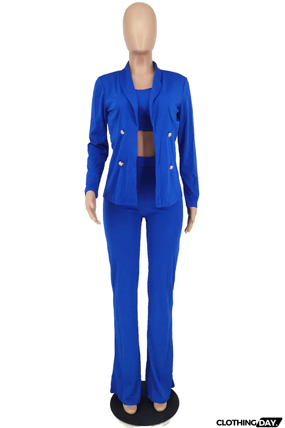 Blue Casual Solid Patchwork Turn-back Collar Long Sleeve Two Pieces