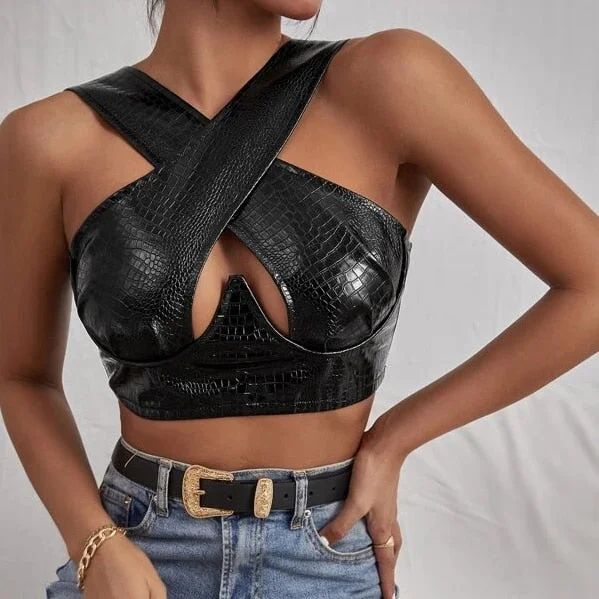 wsevypo Sexy Black PU Leather Cross Tank Tops Fashion Women Cut Out Hollow Bustiers Crop Tops Fall Club Halter Wrap Tube Tops