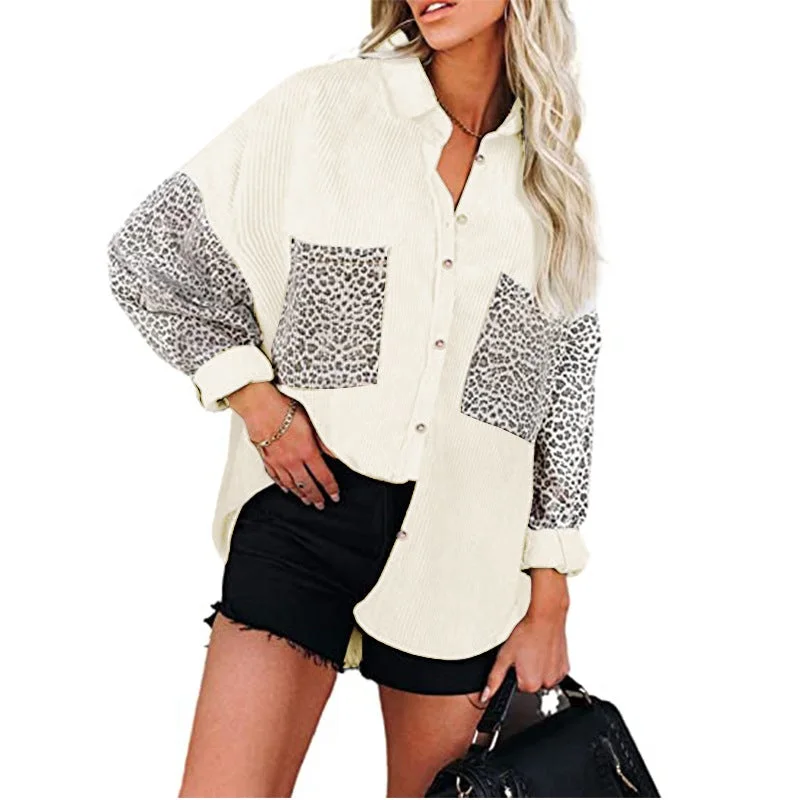 Women's Jacket Leopard Print Stitching Corduroy Casual Shirt