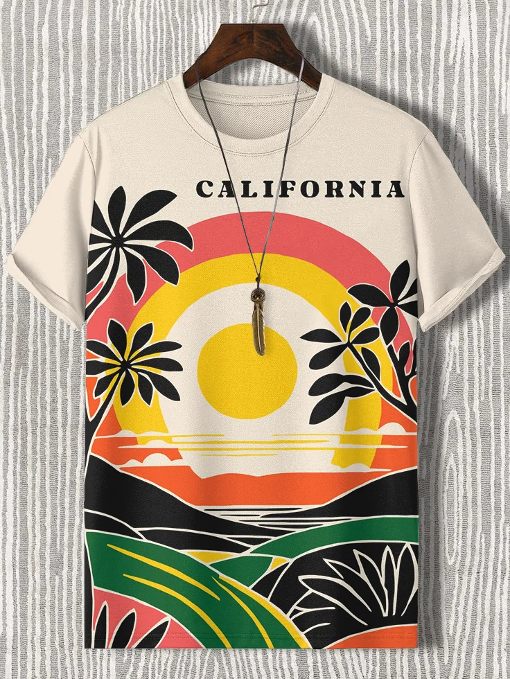 Men's California Sunshine Vintage Scenic Print Casual T-Shirt