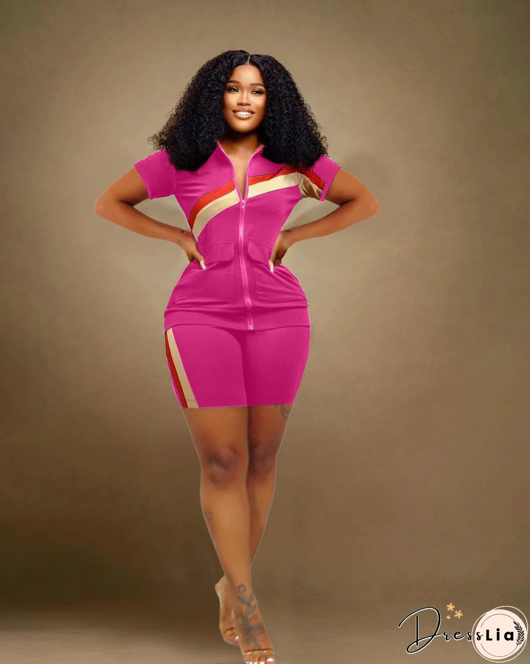 Women's Sports Casual Fashion Zip Pocket Top Shorts Two-Piece Set