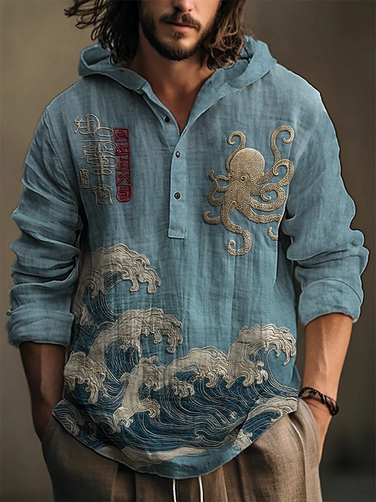 Lang&auml;rmliges Herren hemd Japaness Kunst bedruckt