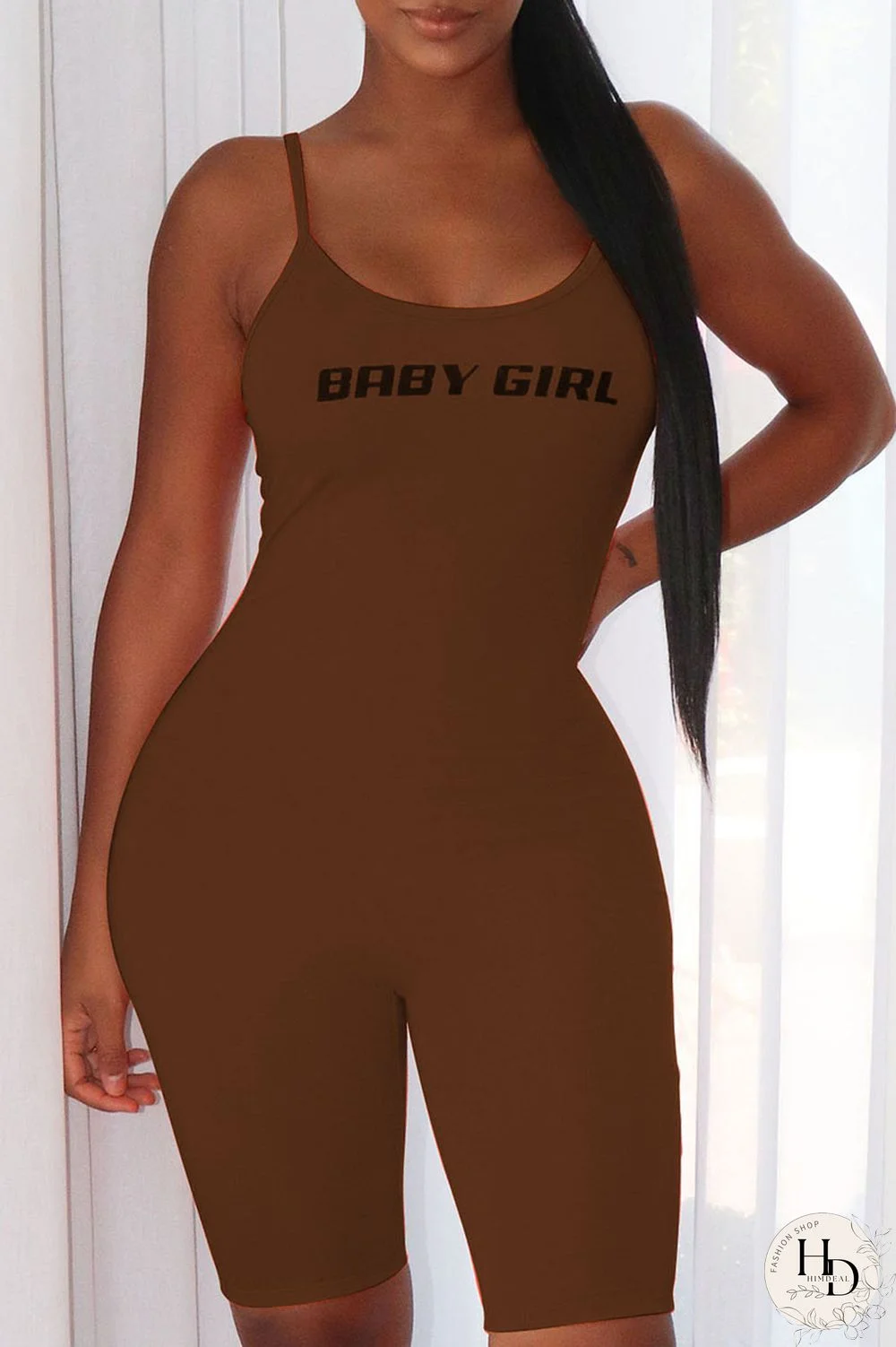 Brown Sexy Print Backless Spaghetti Strap Straight Jumpsuits