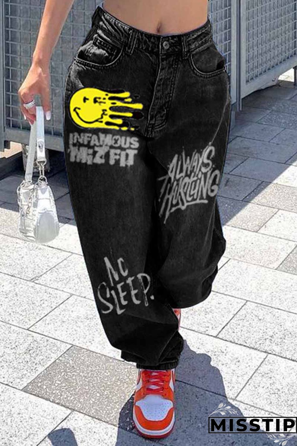 Black Fashion Casual Print Basic High Waist Regular Denim Jeans