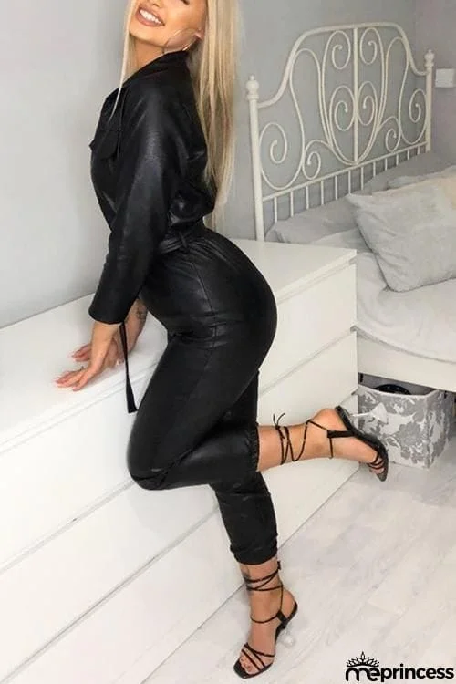 Zipper Long Sleeve PU Jumpsuit