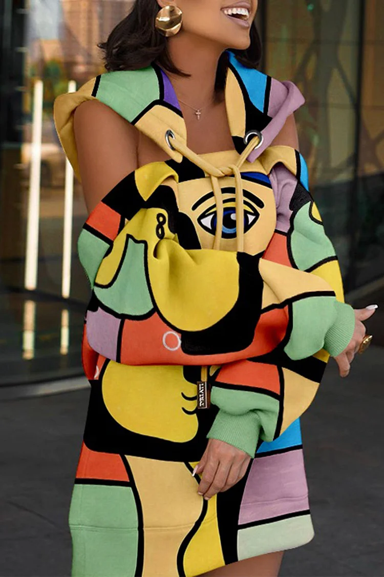 Sexy Street Geometric Print Patchwork Hooded Collar Tops(11 Colors)