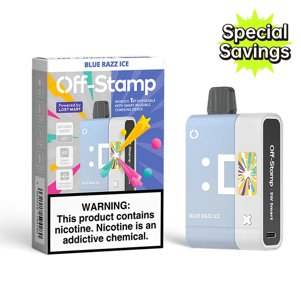 Light blue Off-Stamp SW16000 disposable vape kit, Blue Razz Ice, Special Savings.