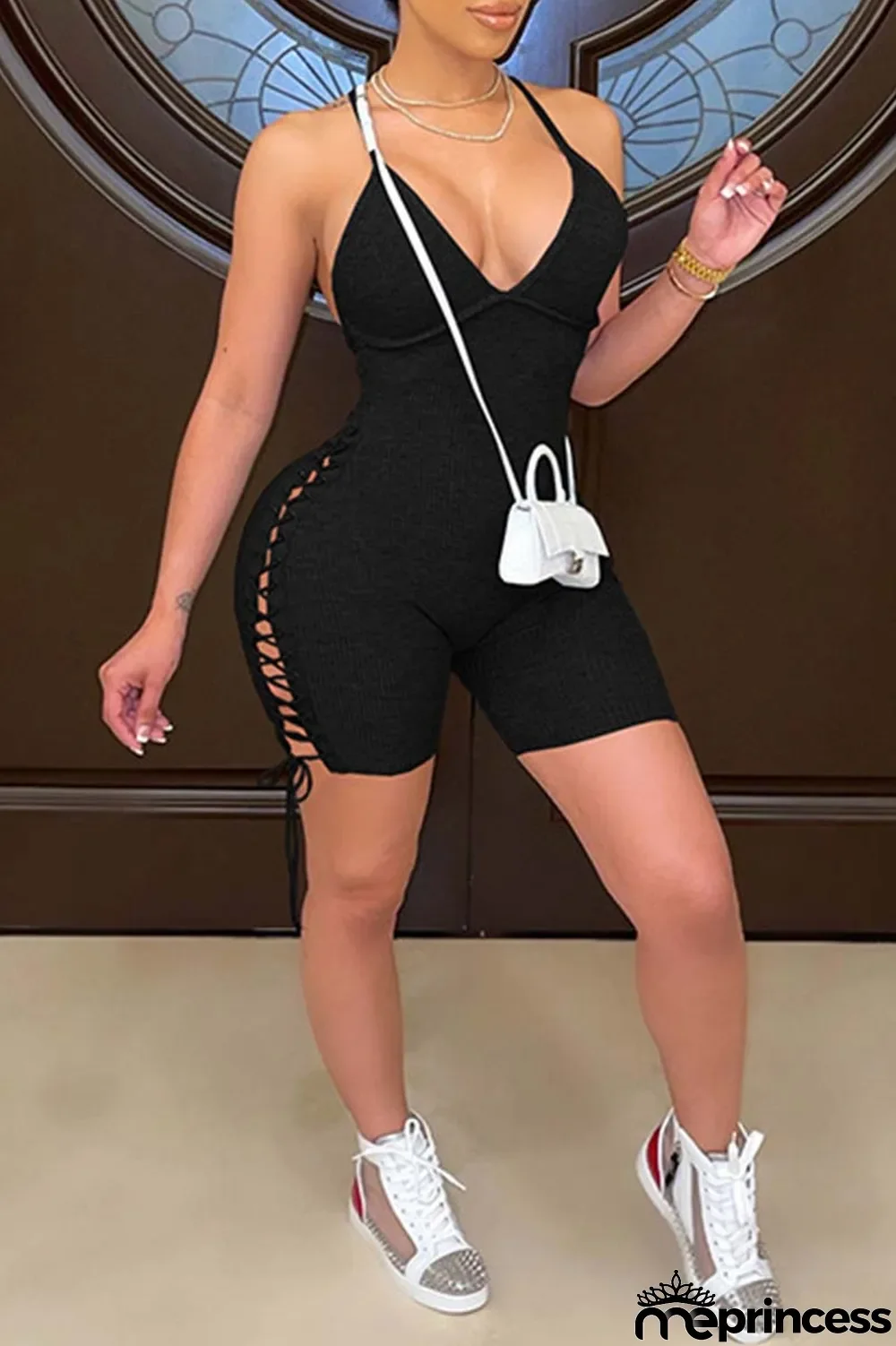 White Sexy Casual Solid Backless V Neck Skinny Romper