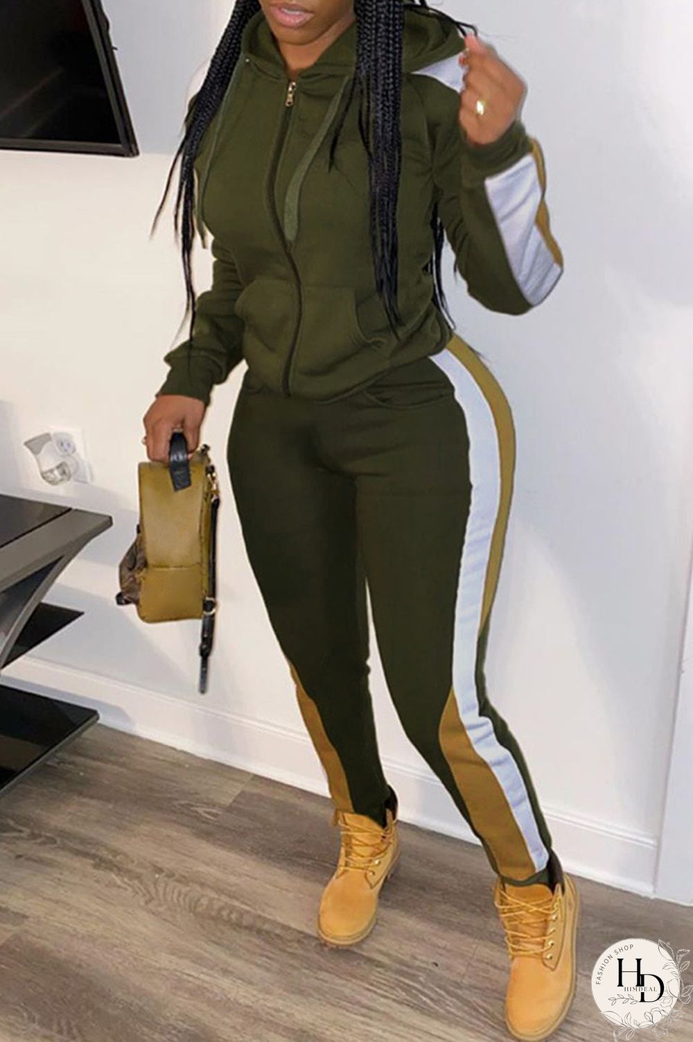 Army Green Casual Patchwork Zipper Hooded Collar Long Sleeve Two Pieces