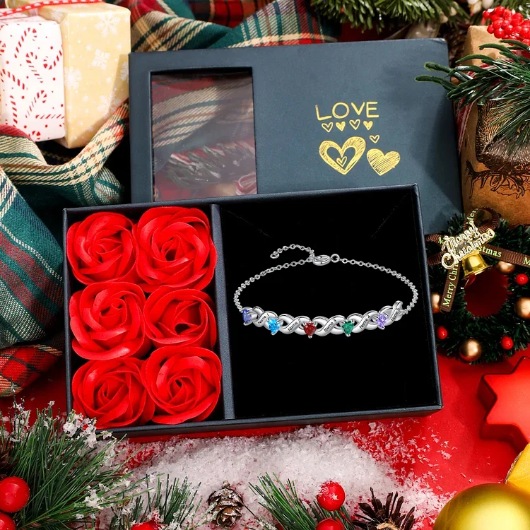 5 Names-Personalized Bracelet Set With Rose Gift Box-Custom Bracelet with 5 Heart Birthstones Engraved Names Bracelet Gift For Women